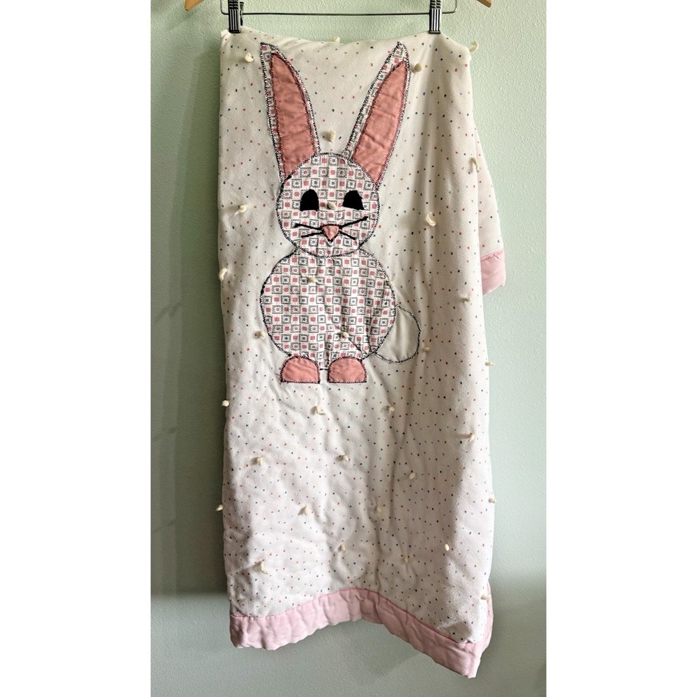 Quilt Flannel Hand Quilted Embroidered Baby Blanket Cotton Bunny Vtg 52 "X 37"